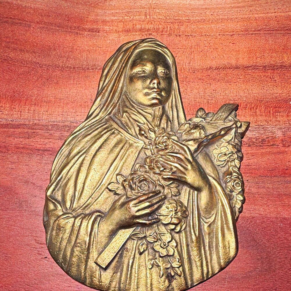 Brass Wall Plaque Religious Figure with Flowers Approx. 6" Marked 10969
